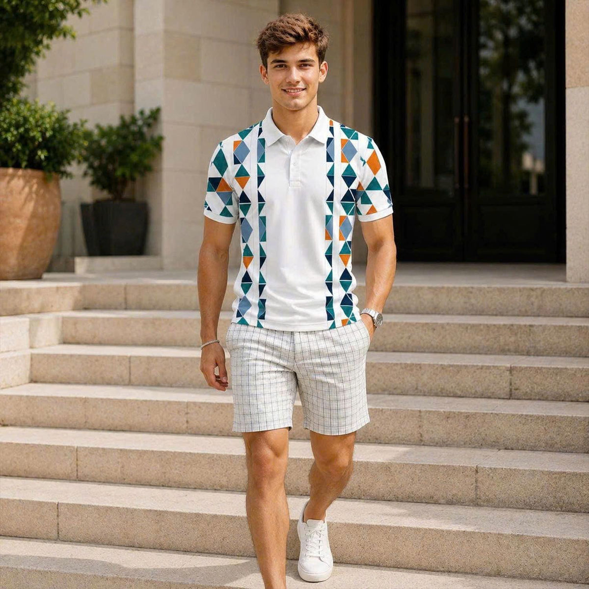 Men's Modern Polo Shirt, Abstract Triangle Print, Summer Outfit