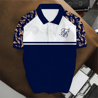 Men's Baroque Polo Shirt, Navy White Color Block Polo, Luxury Ornamental Print Top
