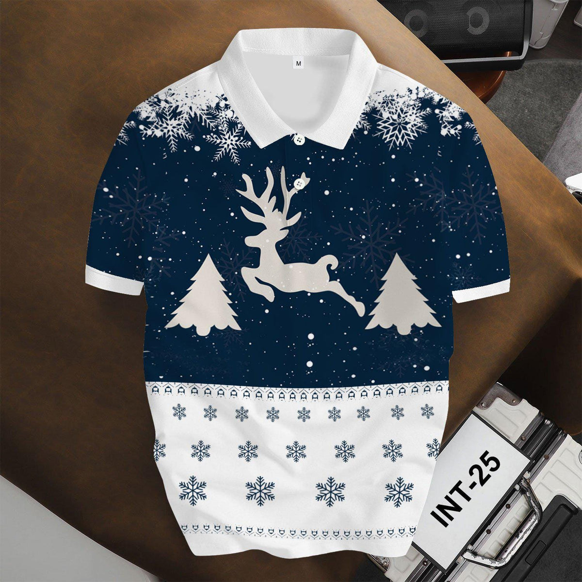 Men's Christmas Reindeer Polo Shirt, Blue Snowflake Holiday Tee