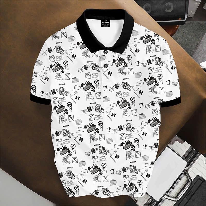 Urban Graffiti Polo Shirt, Black and White Abstract Print, Casual Short Sleeve Collared Shirt