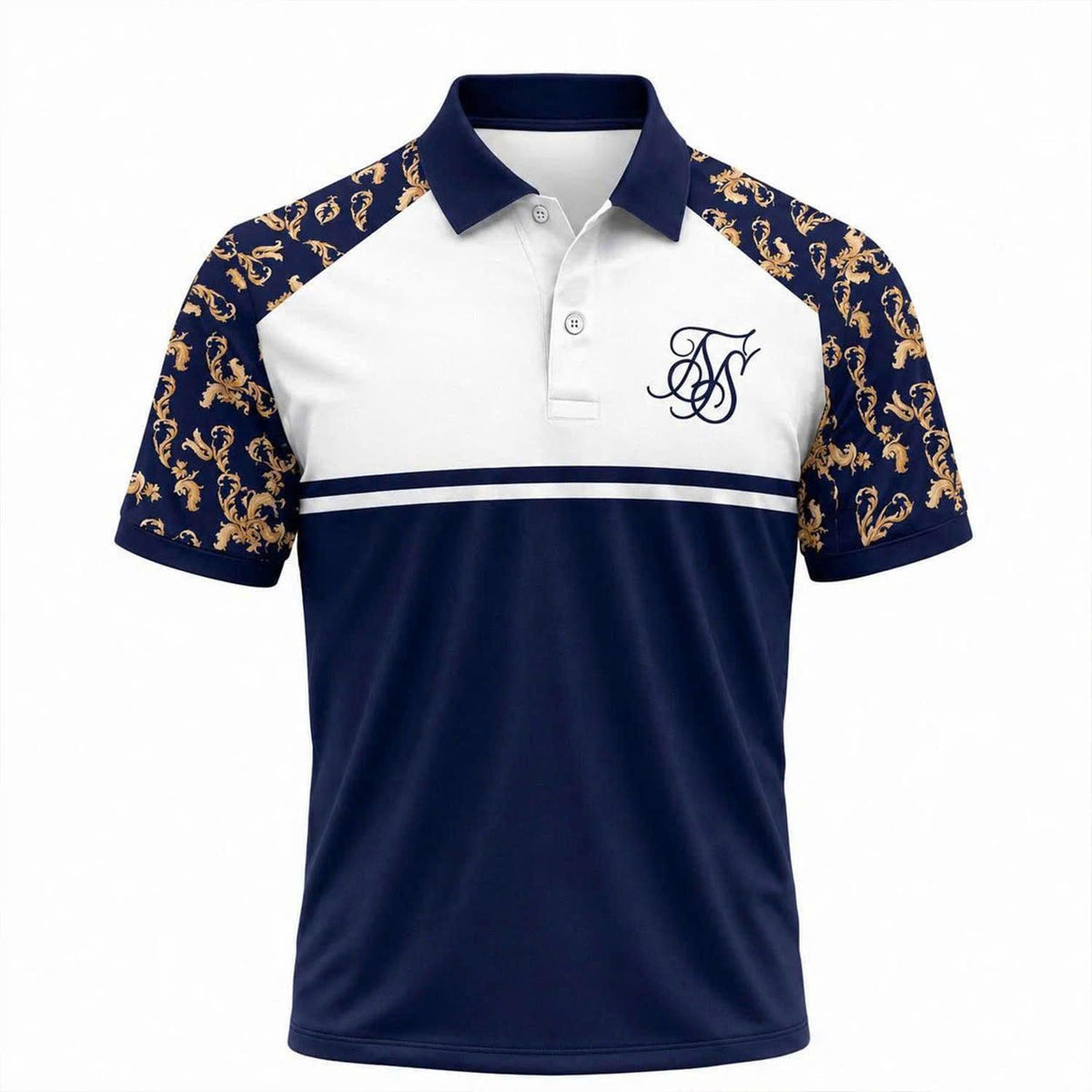 Men's Baroque Polo Shirt, Navy White Color Block Polo, Luxury Ornamental Print Top