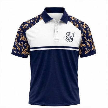 Men's Baroque Polo Shirt, Navy White Color Block Polo, Luxury Ornamental Print Top