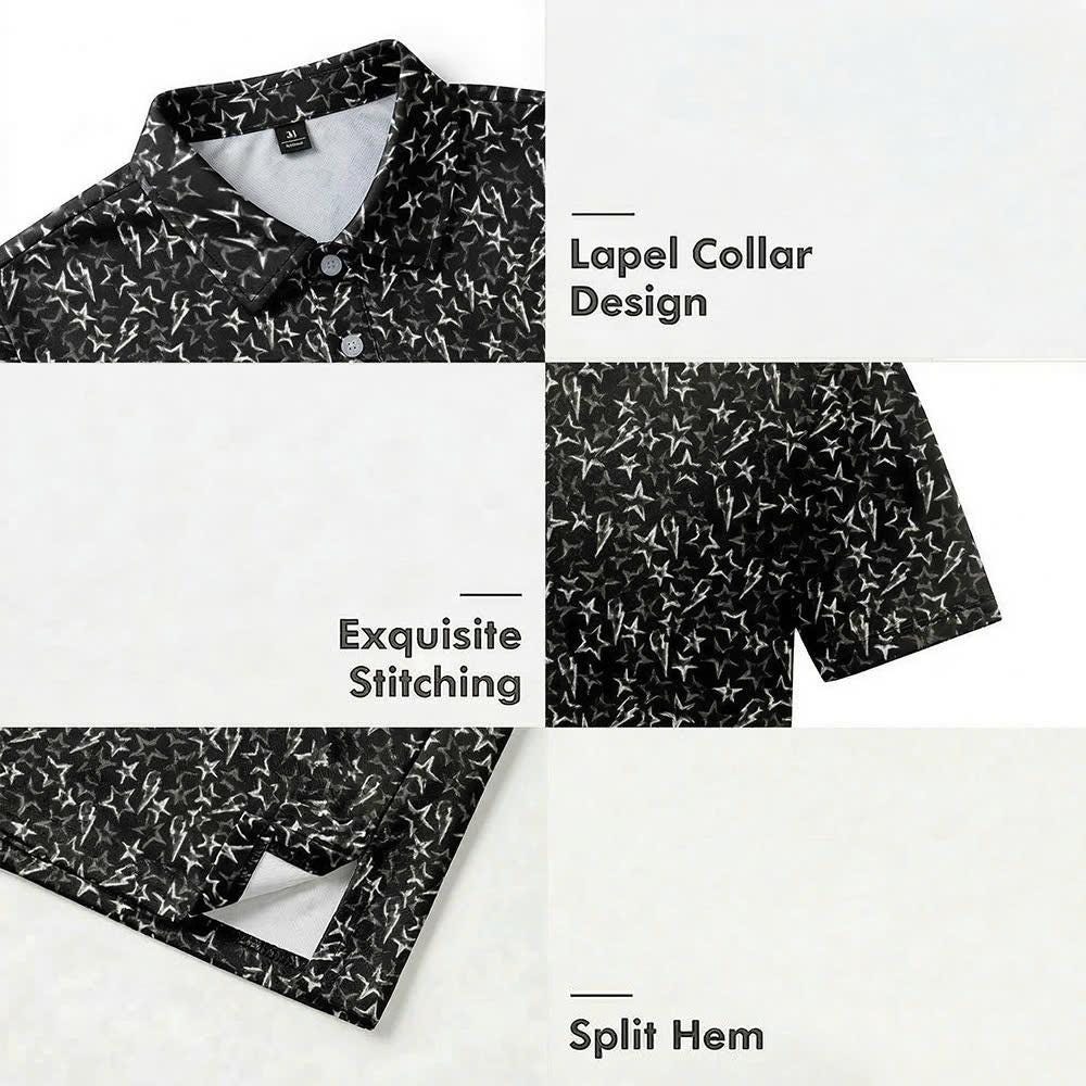 Men’s Athletic Golf Polo 11 – Black Star and Lightning Bolt Pattern Polo Shirt