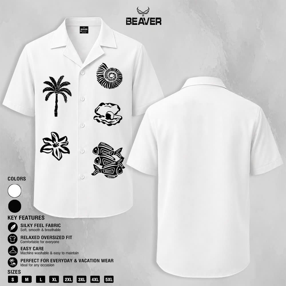 Tropical Ocean Graphic Shirt, Palm Tree Seashell Fish Print, Casual Short Sleeve Button Up