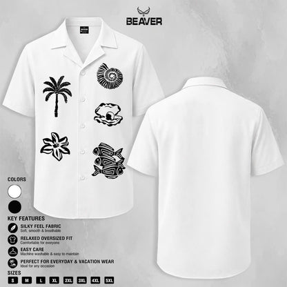 Tropical Ocean Graphic Shirt, Palm Tree Seashell Fish Print, Casual Short Sleeve Button Up