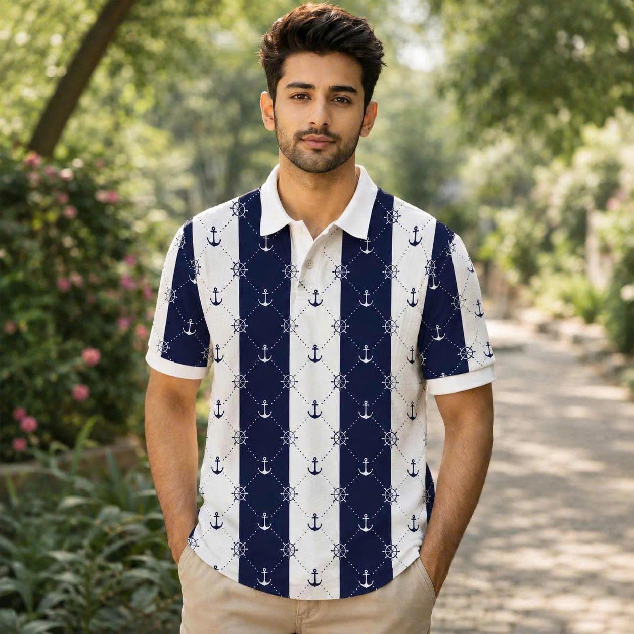 Men’s Nautical Anchor & Helm Polo Shirt – Navy Stripes, Coastal Vibes, Summer Casual Style