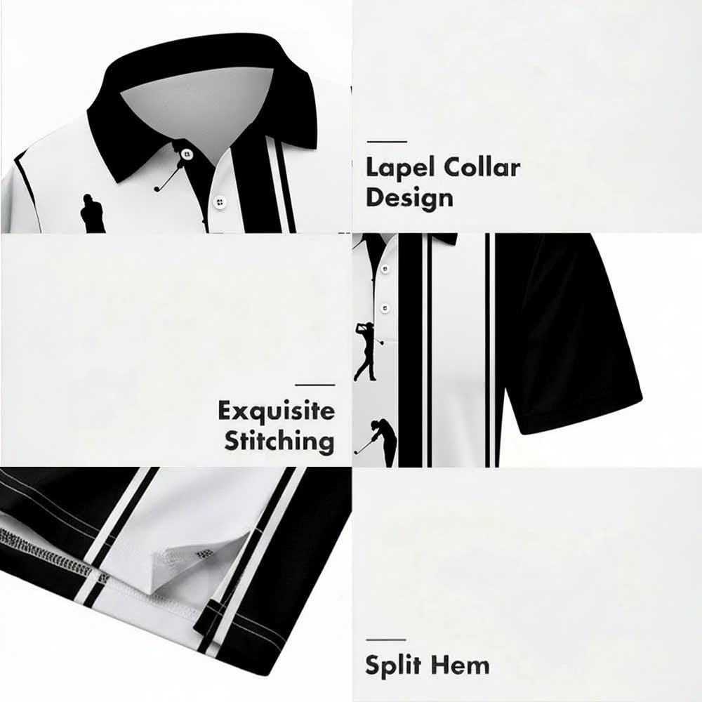 Men's Athletic Golf Polo 21 – Black & White Golfer Silhouette Stripe Polo Shirt