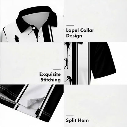 Men's Athletic Golf Polo 21 – Black & White Golfer Silhouette Stripe Polo Shirt
