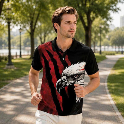 Bald Eagle Graphic Polo Shirt, Red Claw Mark Print, Casual Short Sleeve Collared Shirt