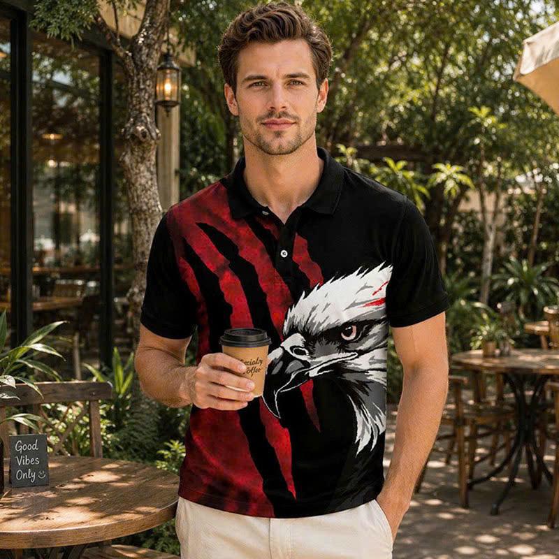 Bald Eagle Graphic Polo Shirt, Red Claw Mark Print, Casual Short Sleeve Collared Shirt