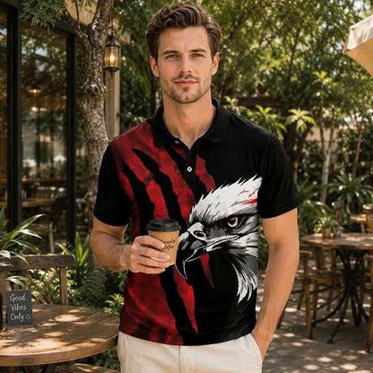 Bald Eagle Graphic Polo Shirt, Red Claw Mark Print, Casual Short Sleeve Collared Shirt