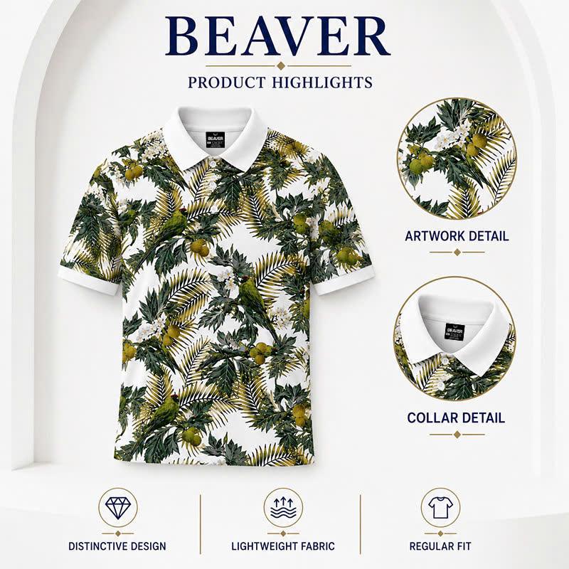 Botanical Garden Polo Shirt, Palm Leaf & Bird Print, Casual Short Sleeve Collared Shirt