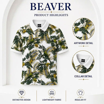 Botanical Garden Polo Shirt, Palm Leaf & Bird Print, Casual Short Sleeve Collared Shirt