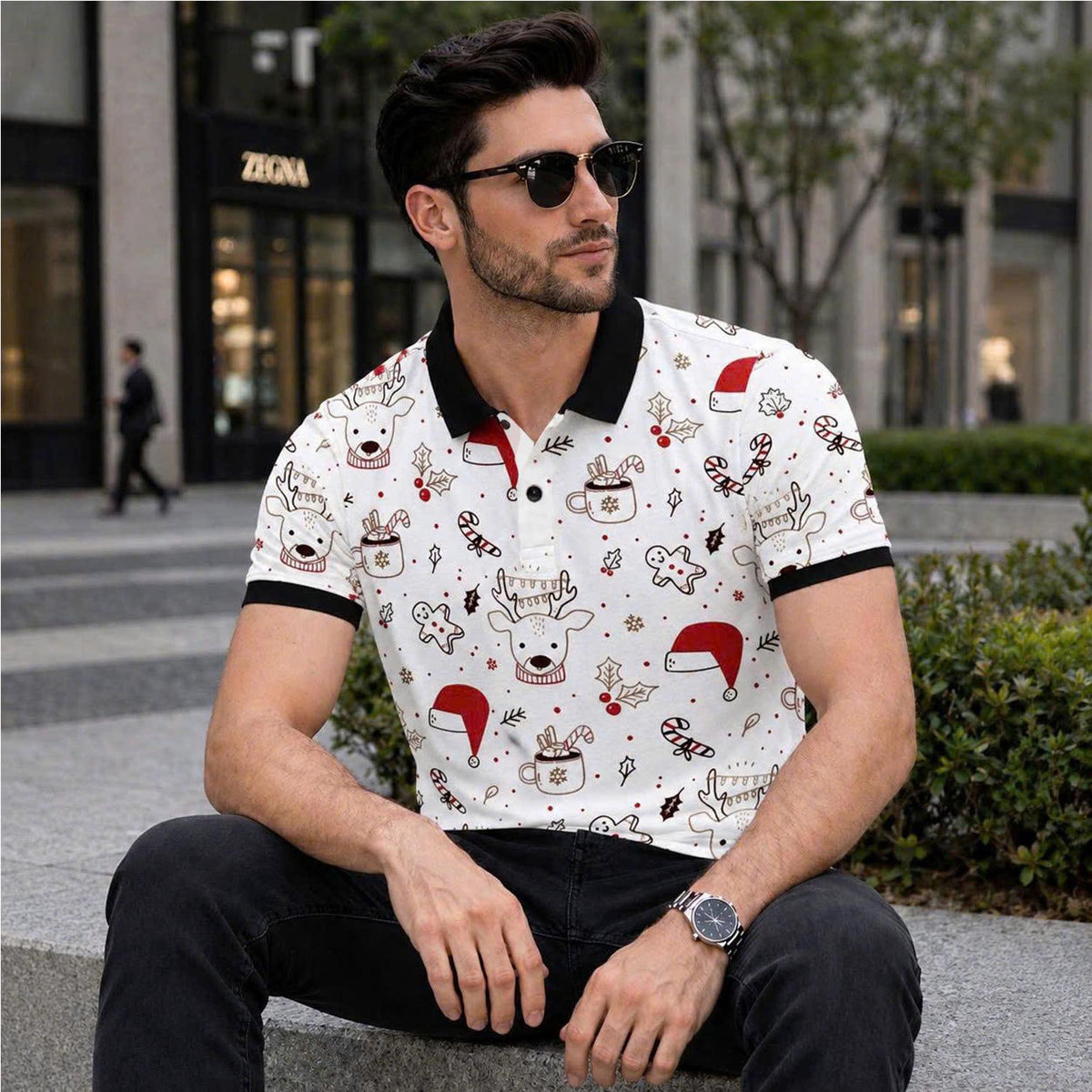 Mens Christmas Polo Shirt, Reindeer Santa Hat Print, Festive Holiday Outfit