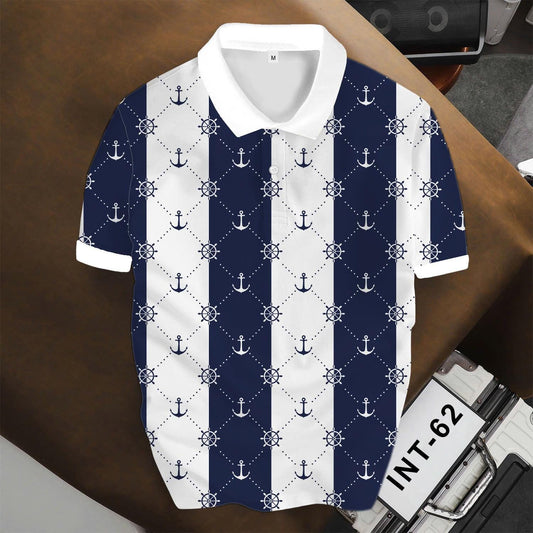 Men’s Nautical Anchor & Helm Polo Shirt – Navy Stripes, Coastal Vibes, Summer Casual Style