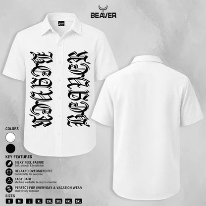 Gothic Letter Graphic Shirt, Bold Old English Typography, Casual Short Sleeve Button Up Shirt