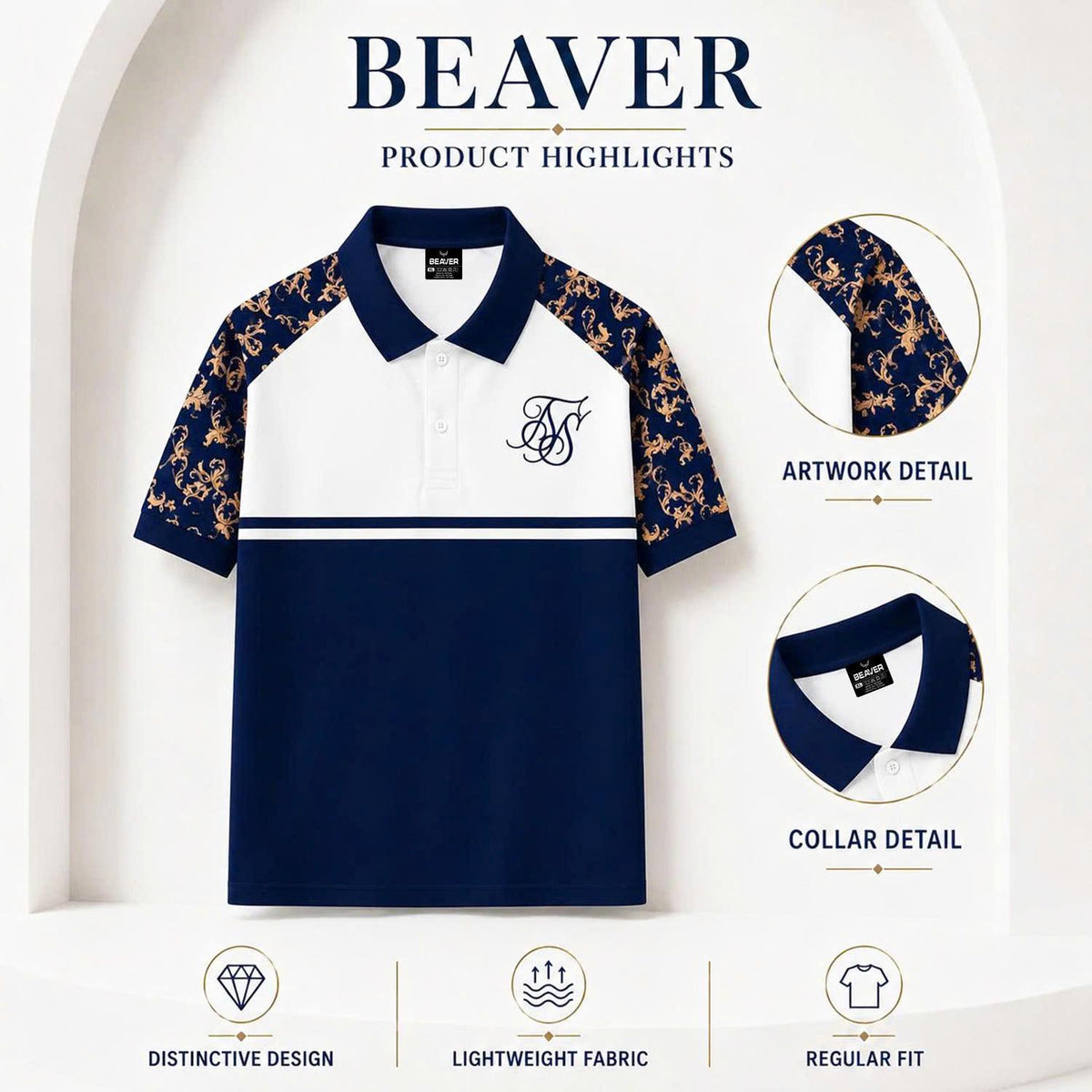 Men's Baroque Polo Shirt, Navy White Color Block Polo, Luxury Ornamental Print Top