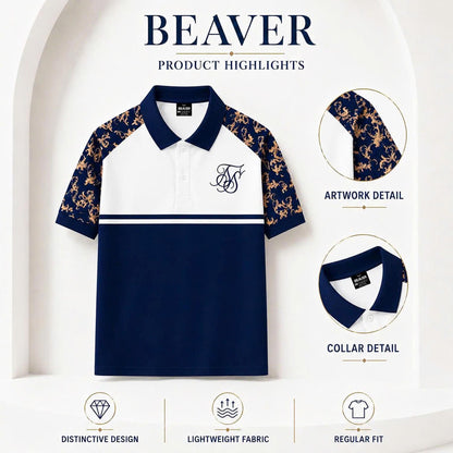 Men's Baroque Polo Shirt, Navy White Color Block Polo, Luxury Ornamental Print Top