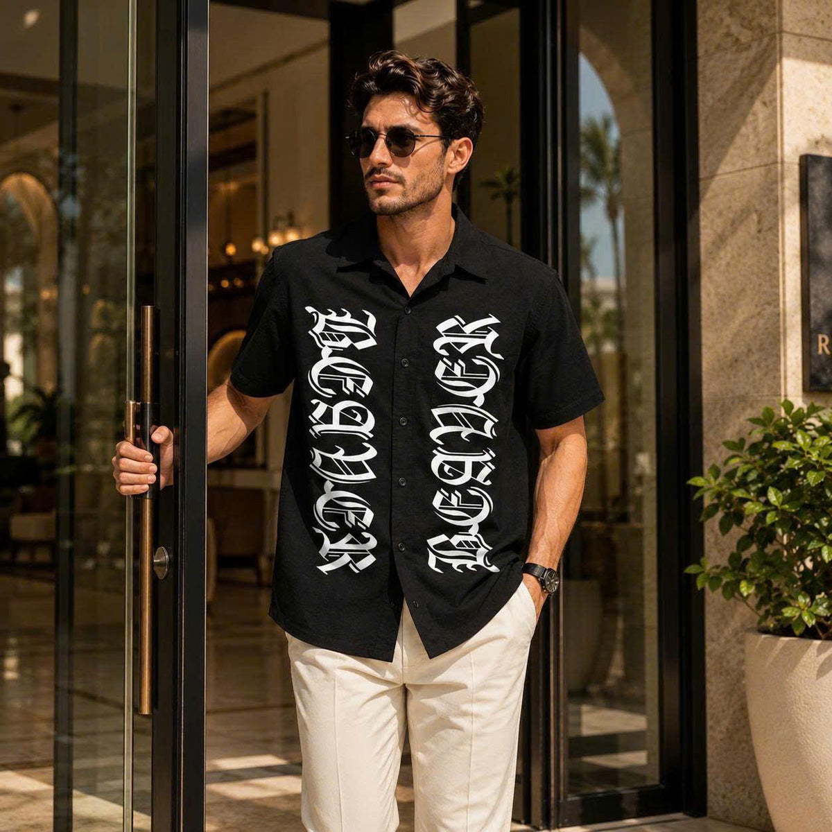 Gothic Letter Graphic Shirt, Bold Old English Typography, Casual Short Sleeve Button Up Shirt