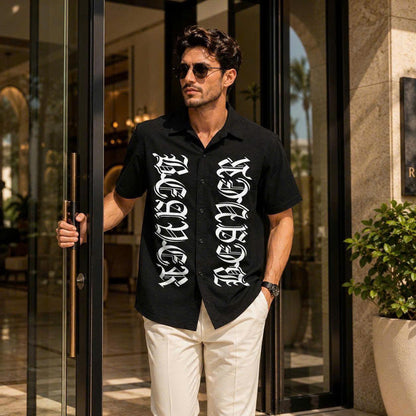 Gothic Letter Graphic Shirt, Bold Old English Typography, Casual Short Sleeve Button Up Shirt