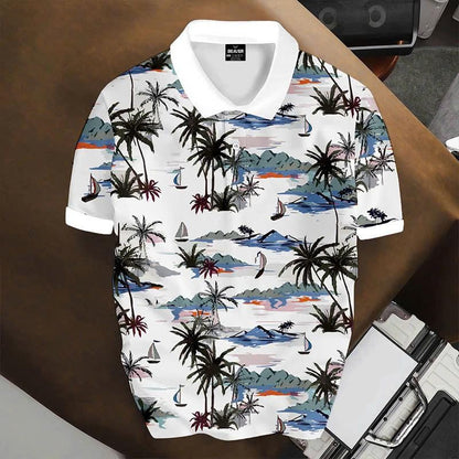 Island Paradise Polo Shirt, Palm Tree Sailboat Print, Casual Short Sleeve Collared Shirt