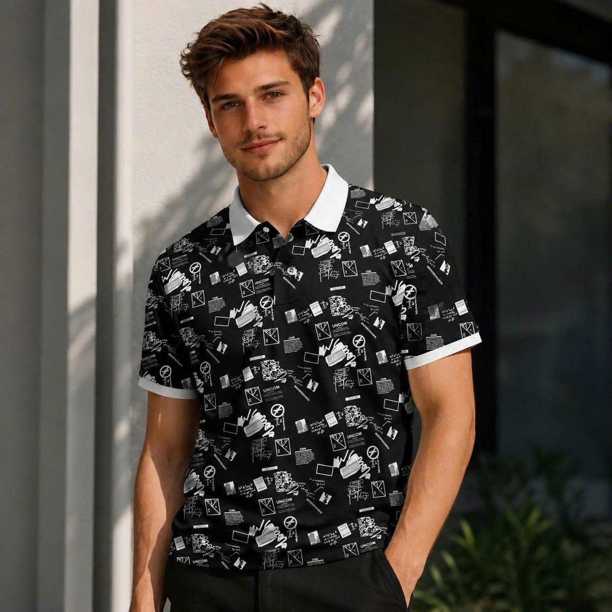Urban Graffiti Polo Shirt, Black and White Abstract Print, Casual Short Sleeve Collared Shirt
