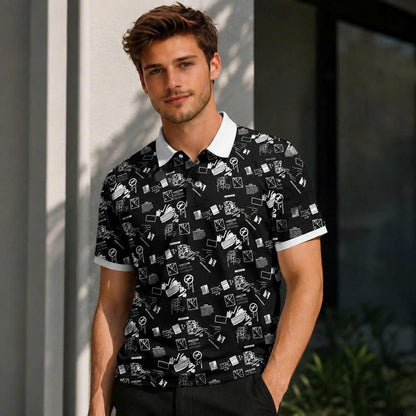 Urban Graffiti Polo Shirt, Black and White Abstract Print, Casual Short Sleeve Collared Shirt