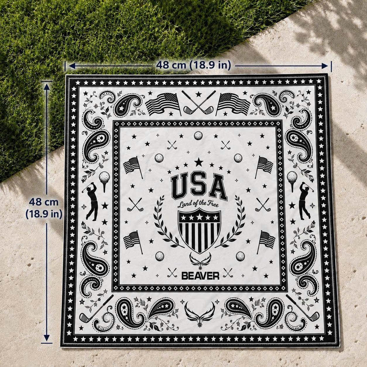 USA Golf Bandana – American Flag, Clubs & Paisley Print – Square Headband, Patriotic Accessory