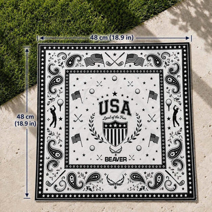 USA Golf Bandana – American Flag, Clubs & Paisley Print – Square Headband, Patriotic Accessory