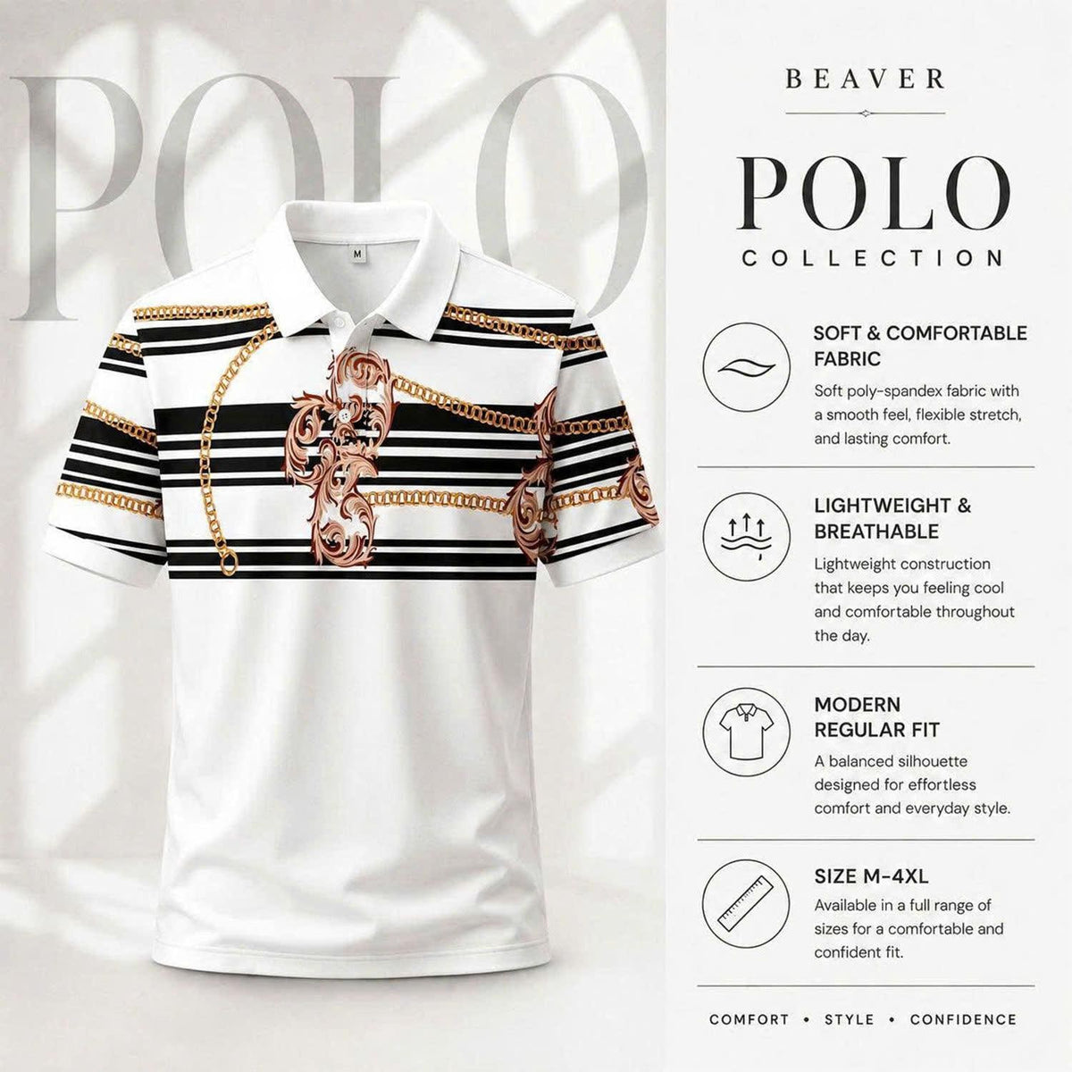 Vintage Baroque Chain Polo Shirt, Luxury Stripe Pattern, Unisex Fashion Top