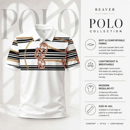 Vintage Baroque Chain Polo Shirt, Luxury Stripe Pattern, Unisex Fashion Top