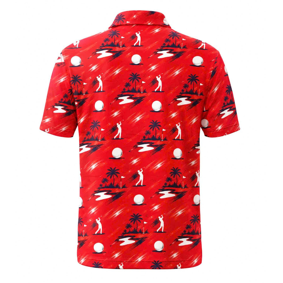 Men's Tropical Golf Polo Shirt – Red Palm Tree & Golfer Print Athletic Apparel