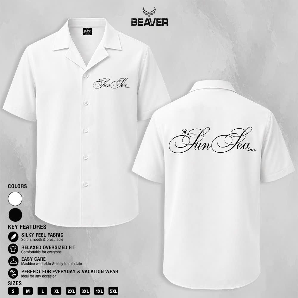 Sun Sea Script Graphic Shirt, Minimalist Coastal Design, Casual Short Sleeve Button Up Shirt