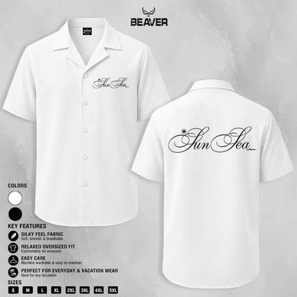 Sun Sea Script Graphic Shirt, Minimalist Coastal Design, Casual Short Sleeve Button Up Shirt