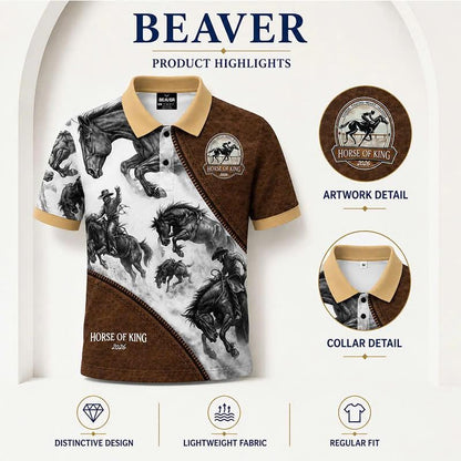 Wild Horse Western Polo Shirt, Cowboy Riding Print, Casual Short Sleeve Collared Shirt
