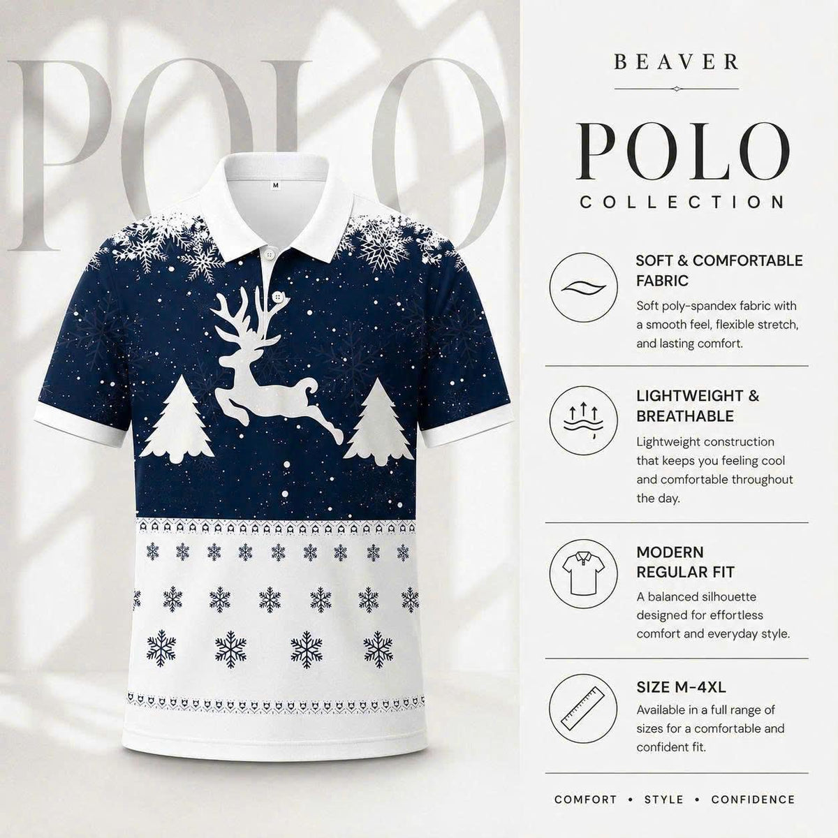 Men's Christmas Reindeer Polo Shirt, Blue Snowflake Holiday Tee