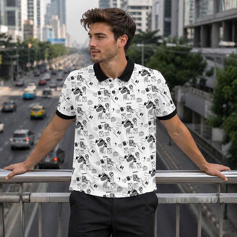 Urban Graffiti Polo Shirt, Black and White Abstract Print, Casual Short Sleeve Collared Shirt