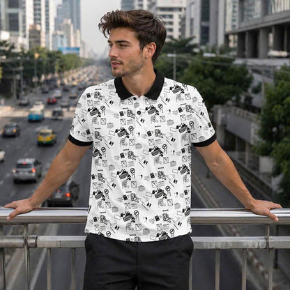 Urban Graffiti Polo Shirt, Black and White Abstract Print, Casual Short Sleeve Collared Shirt
