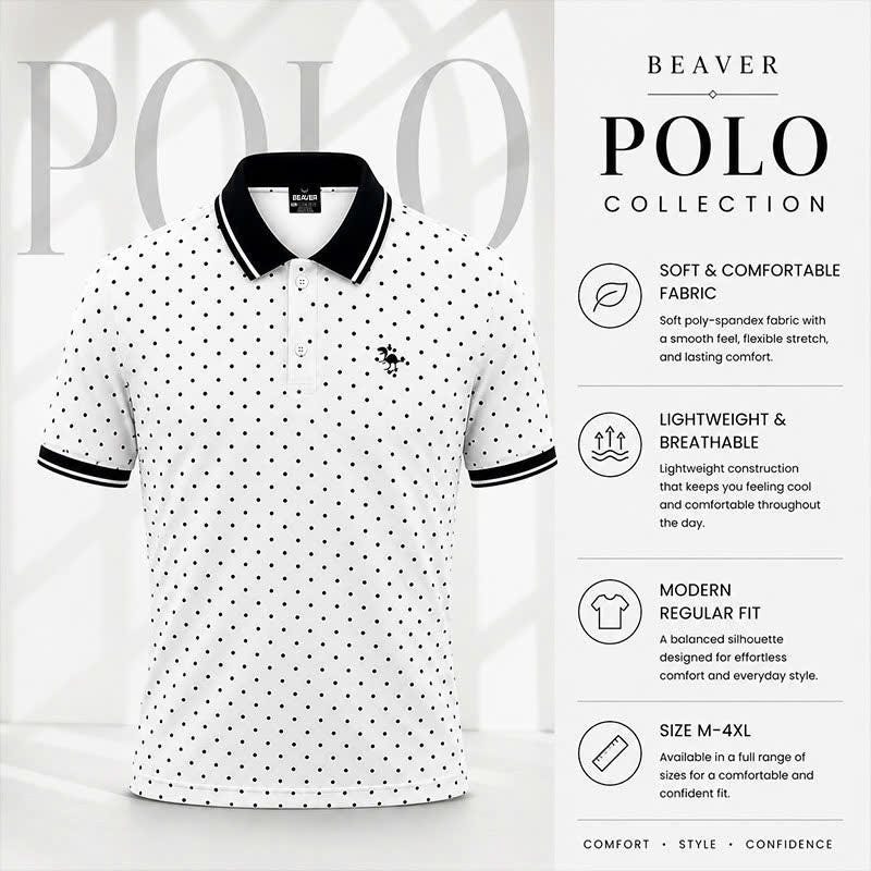 Polka Dot Polo Shirt, Classic Black & White Print, Casual Short Sleeve Collared Shirt