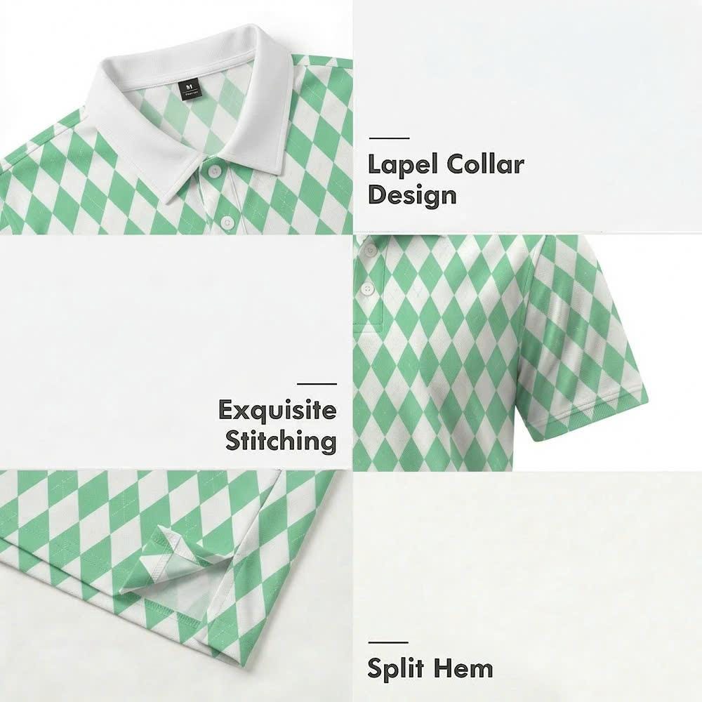 Men’s Athletic Golf Polo 07 – Green Diamond Harlequin Pattern Polo Shirt