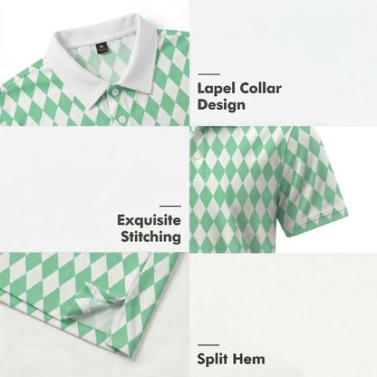 Men’s Athletic Golf Polo 07 – Green Diamond Harlequin Pattern Polo Shirt