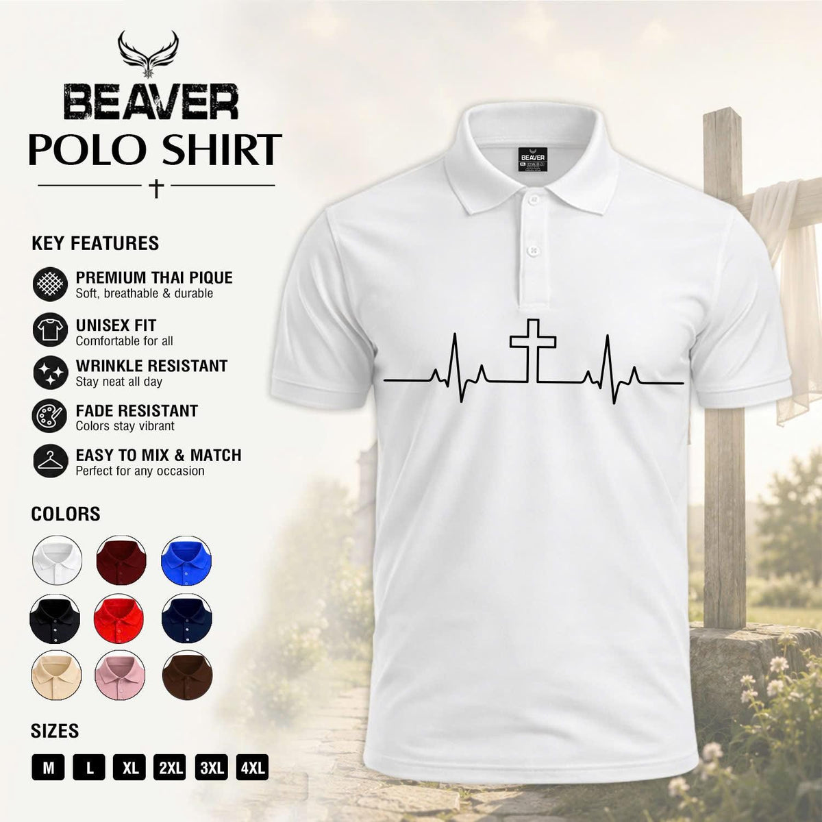 Heartbeat Cross Polo Shirt, Faith Inspired Design, Men's Casual Short Sleeve Top