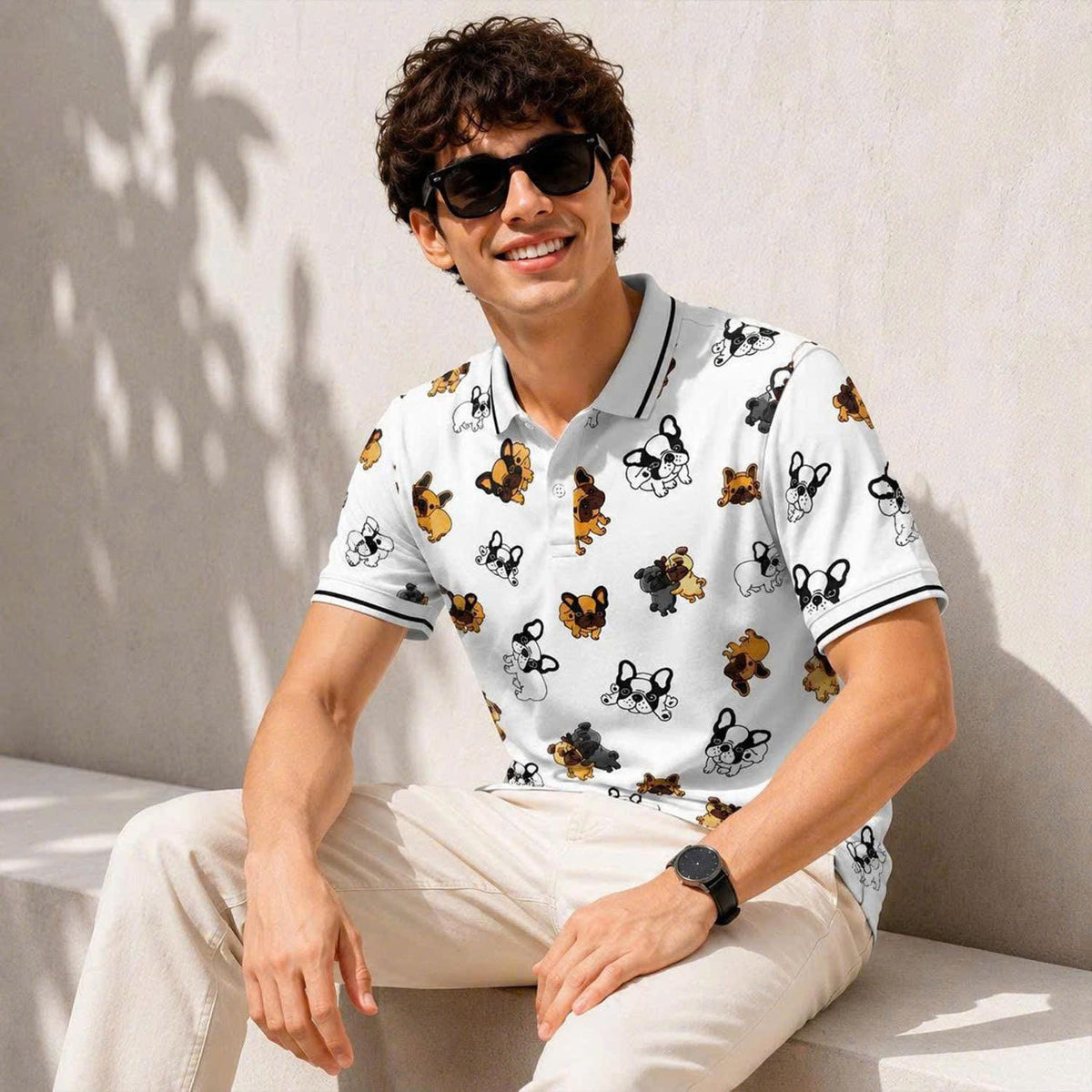 French Bulldog Print Polo, Frenchie Dog Lover Gift, Puppy Pattern Apparel, Unisex Top