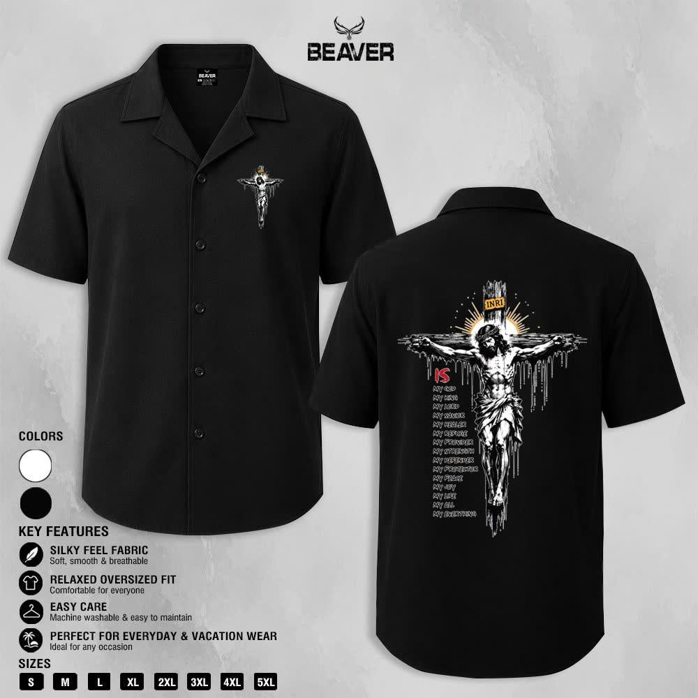 Crucifix Faith Graphic Button-Up Shirt, Religious Cross Print, Unisex Short Sleeve Shirt, Christian Gift