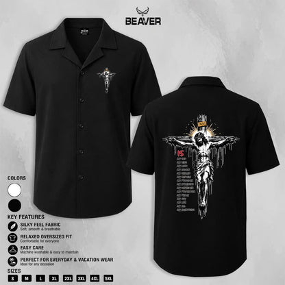 Crucifix Faith Graphic Button-Up Shirt, Religious Cross Print, Unisex Short Sleeve Shirt, Christian Gift