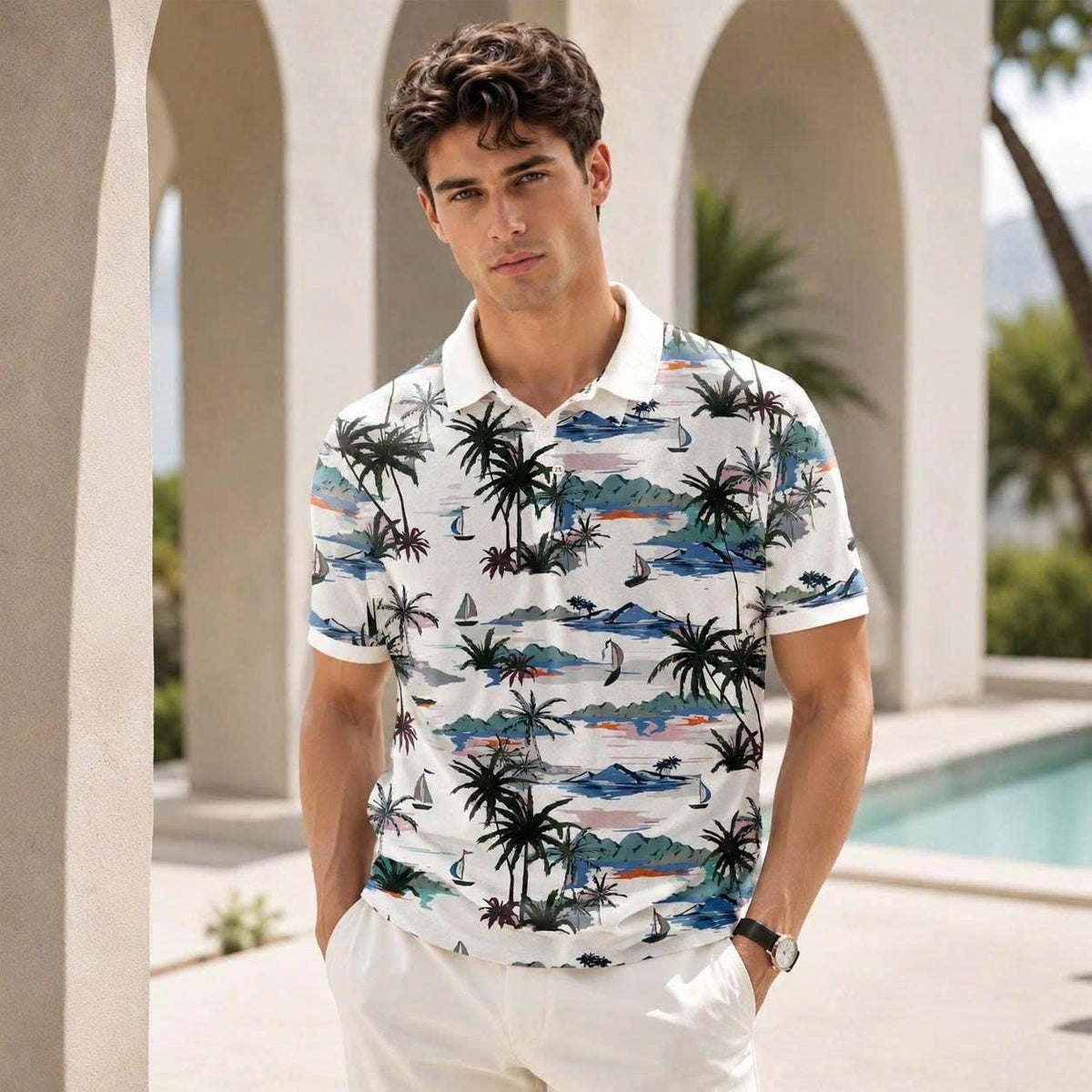 Island Paradise Polo Shirt, Palm Tree Sailboat Print, Casual Short Sleeve Collared Shirt
