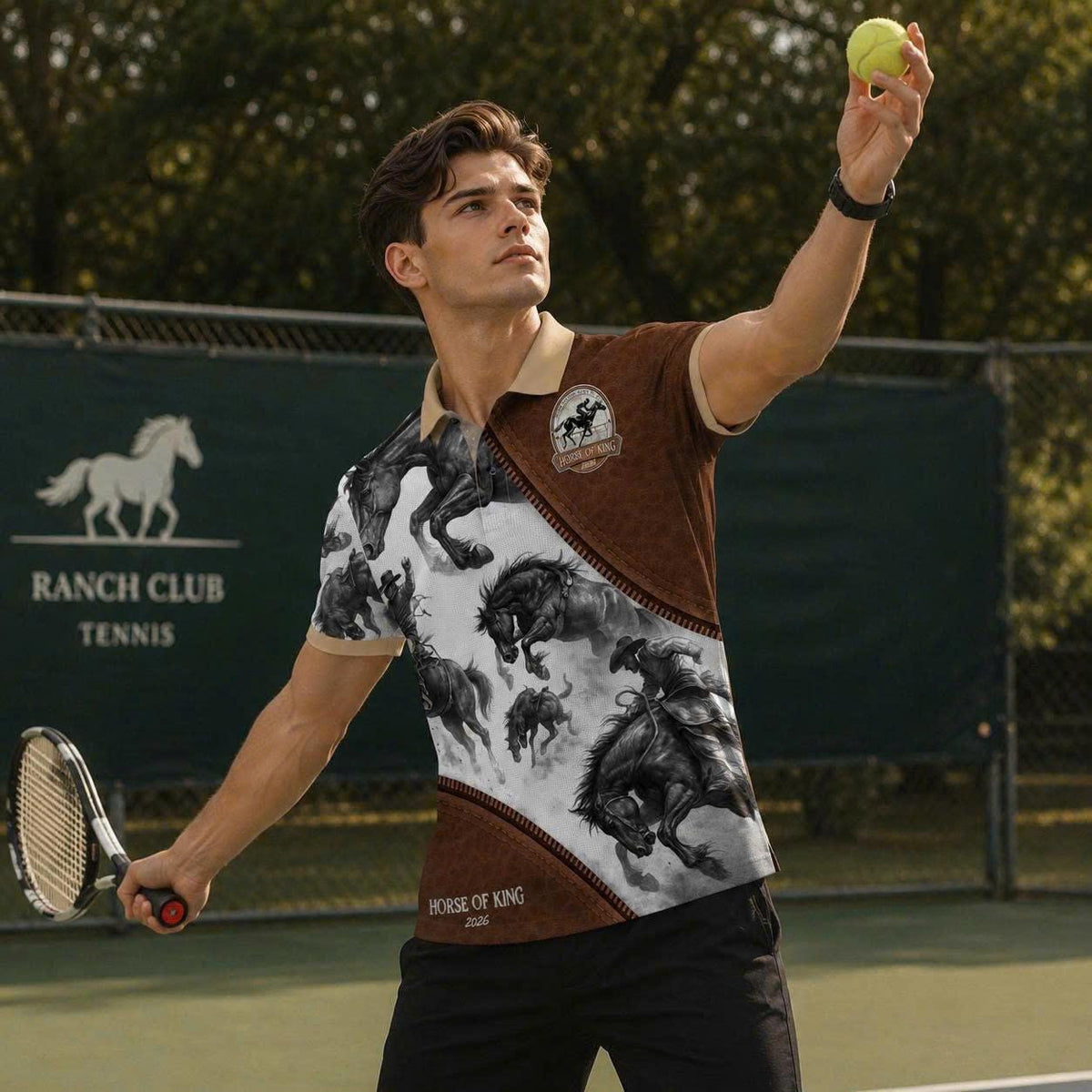 Wild Horse Western Polo Shirt, Cowboy Riding Print, Casual Short Sleeve Collared Shirt
