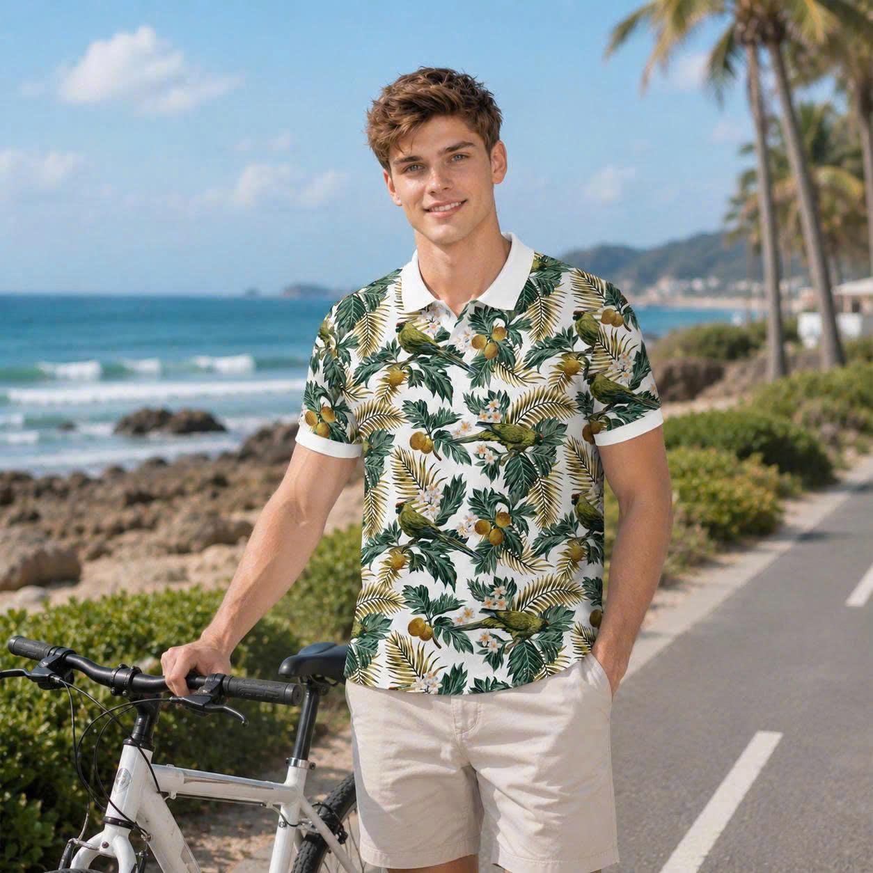 Botanical Garden Polo Shirt, Palm Leaf & Bird Print, Casual Short Sleeve Collared Shirt