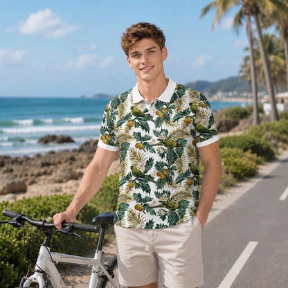 Botanical Garden Polo Shirt, Palm Leaf & Bird Print, Casual Short Sleeve Collared Shirt