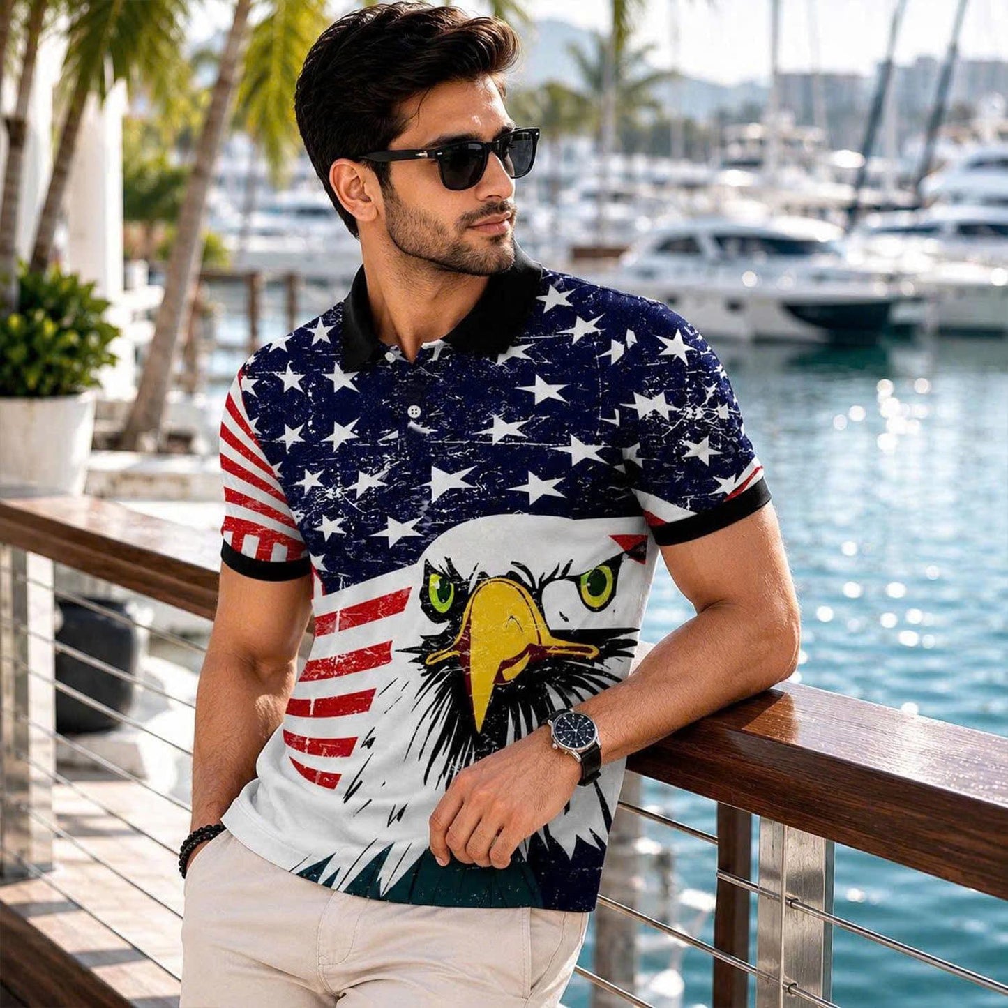 Vintage Distressed American Flag Eagle Polo Shirt, Patriotic USA Style Top